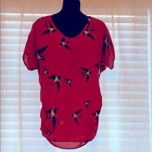 le chateau Red V-Neck Short Sleeve Blouse with Swallow Print